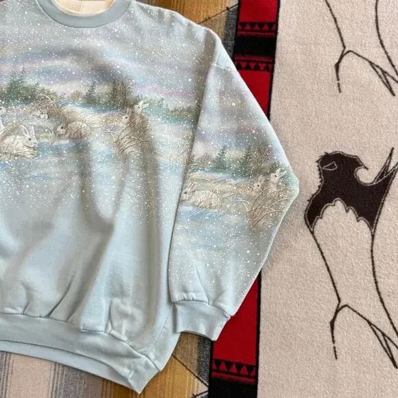 Vintage 90s Women’s Bunny Rabbit AOP Nature Outdoor Sweatshirt Size XL Animals - Picture 6 of 10